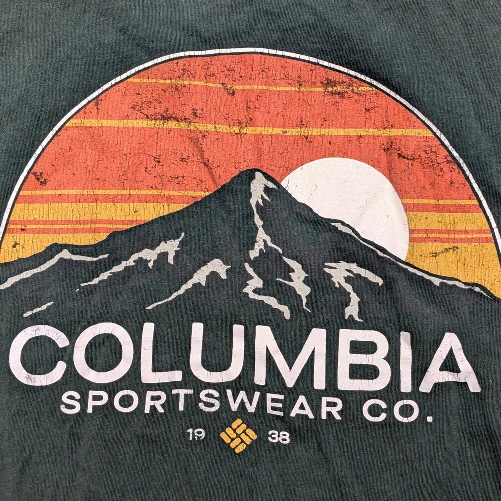 Columbia Mountain Graphic T-Shirt Mens L Green Retro Sunset Outdoor Tee